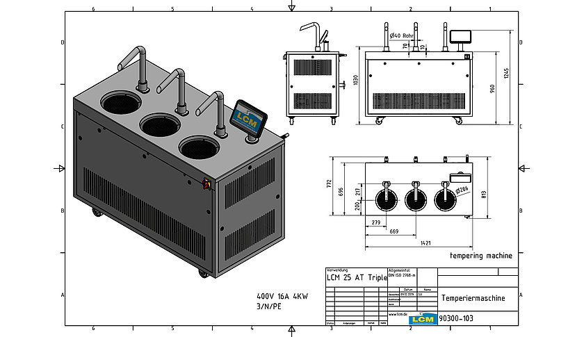 Schokoladenmaschine lcm 25 at triple zum temperieren und überziehen von Schokolade, als 3D-Render und als skizze mit größenmaßen dargestellt.