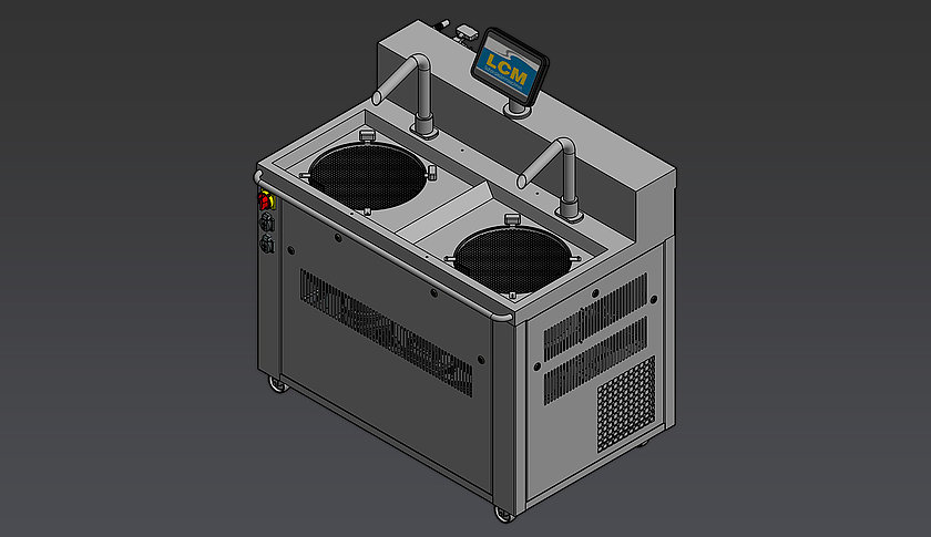 Schokoladenmaschine lcm 50 at twin zum temperieren und überziehen von Schokolade, als 3D-Render dargestellt.