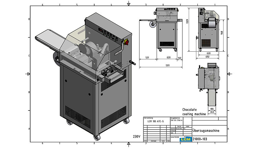 Schokoladenmaschine ueberzugsmaschine 180 atc-s zum temperieren und überziehen von Schokolade, als 3D-Render und als skizze mit größenmaßen dargestellt.