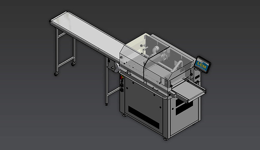 Industrielle Schokoladenmaschine 320 ATC mit Papierband zur Verarbeitung von Schokolade, als 3D-Render dargestellt.